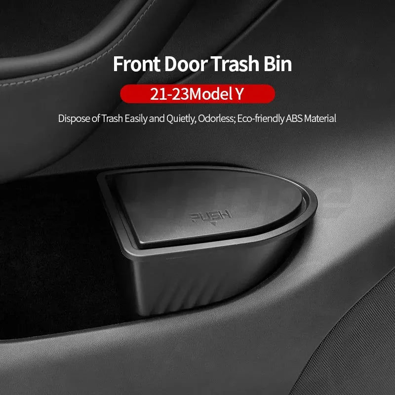 Two black ABS plastic storage and trash can bins designed for the front door panels of a Tesla Model Y.
