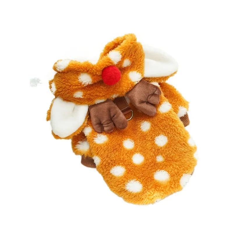 Elk Christmas costume on a medium-sized dog, showing fleece-lined interior and two-legged design.