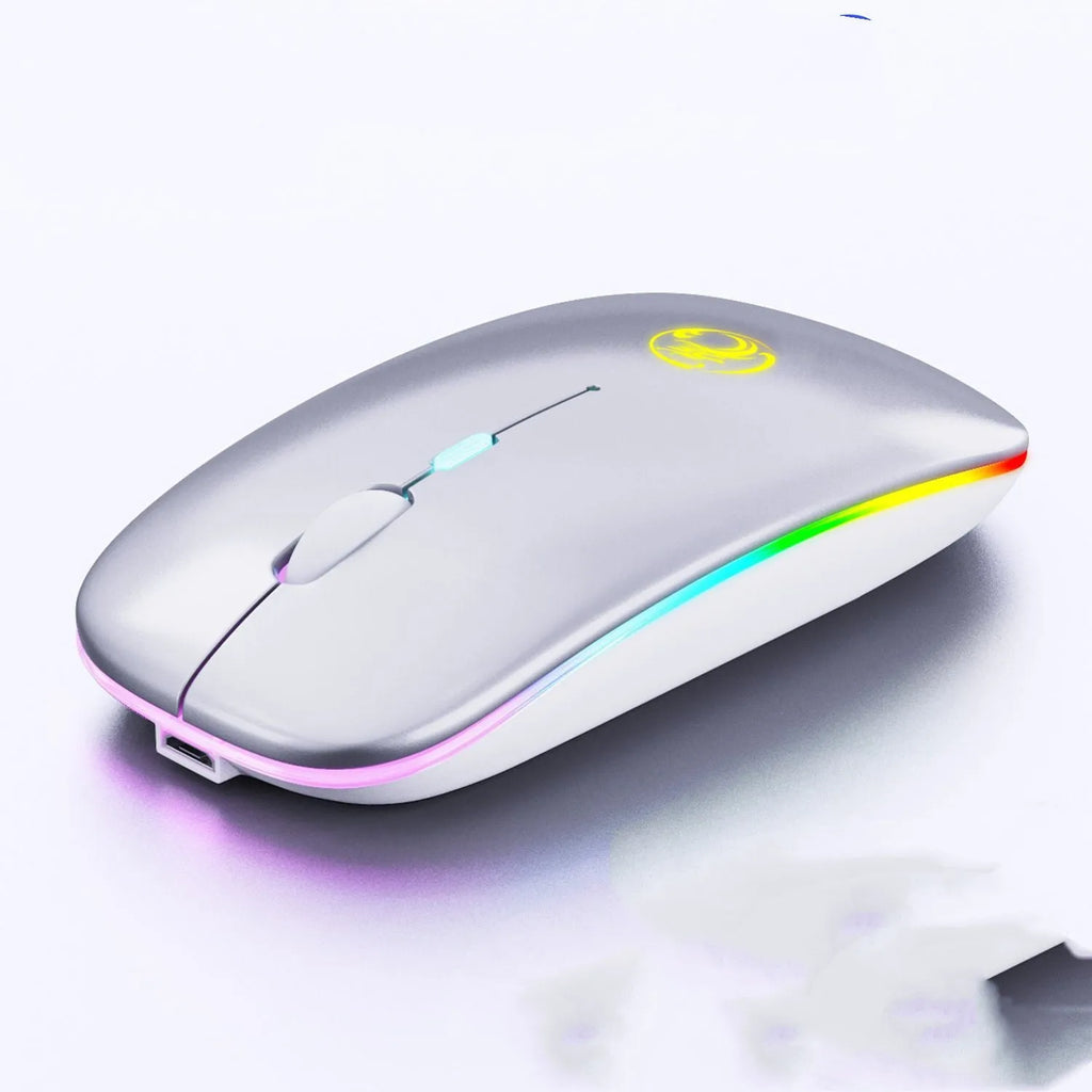 Black or white dual-mode wireless silent mouse with scroll wheel, shown with USB charging cable.