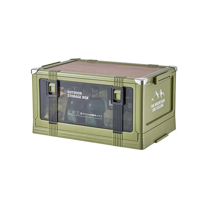 Outdoor camping folding plastic storage box with wooden lid in cream white for car trunk organisation