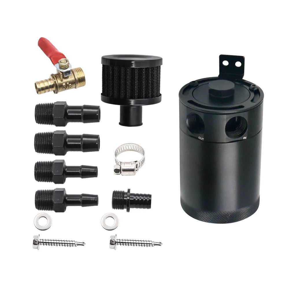 Black aluminium two-hole automotive oil pot with connectors and mounting hardware