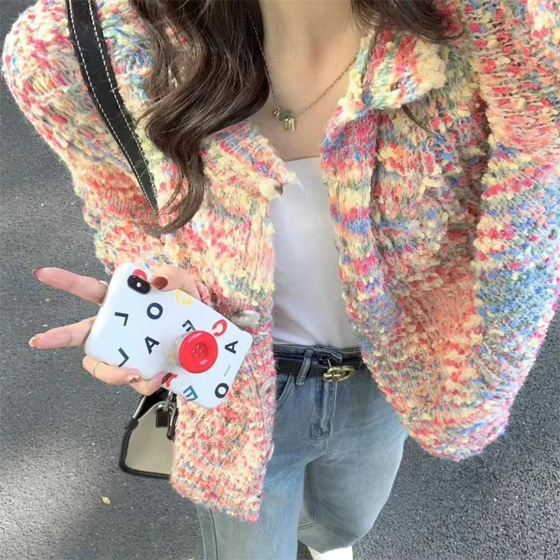 Retro rainbow knitted cardigan in pink and green, slim fit, with a textured toothbrush hair acrylic fabric.