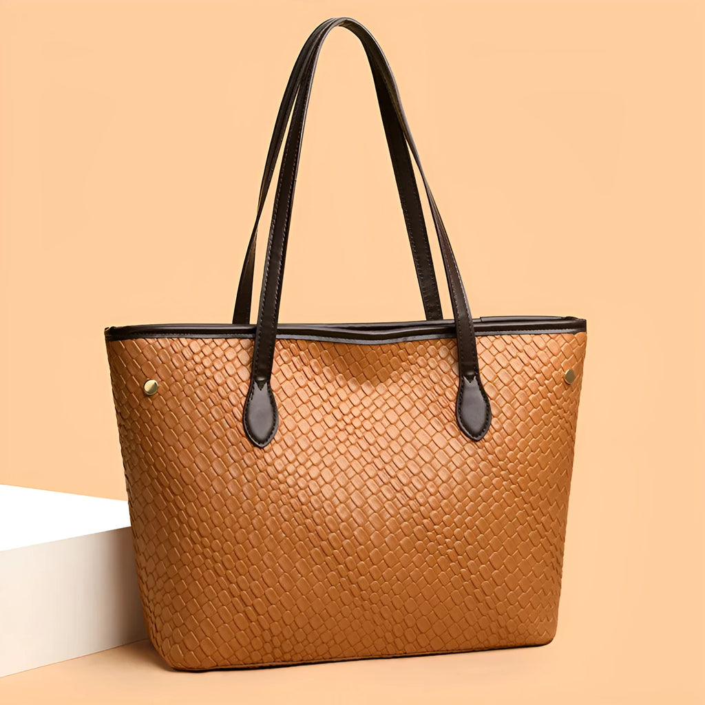 Retro commuter women's large capacity handbag in brown with horizontal square shape and sandwich pocket