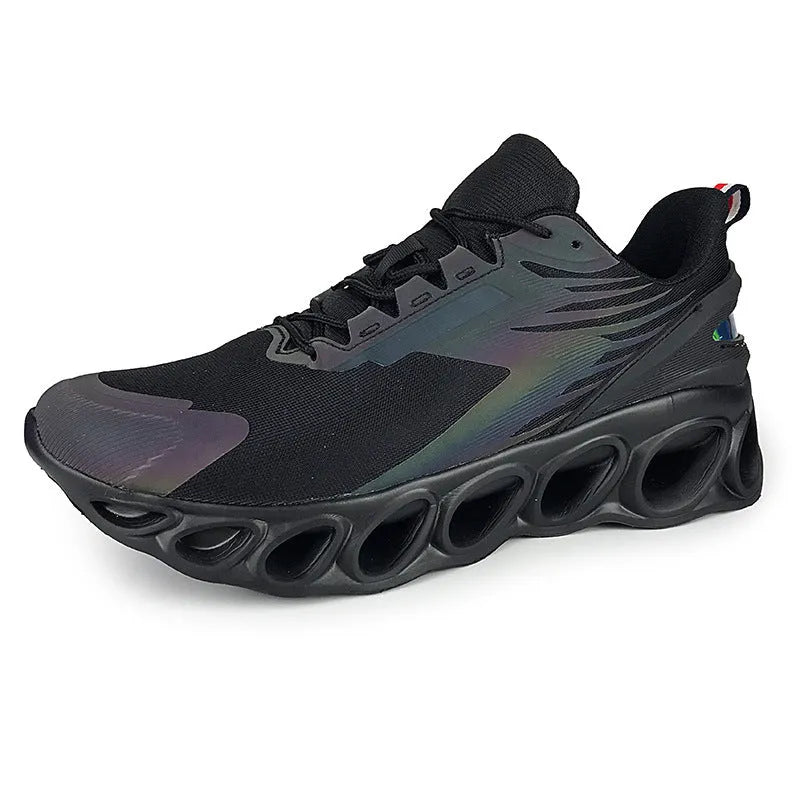 Men's low-top casual sports shoe in black with mesh upper, round toe, and lace-up front.
