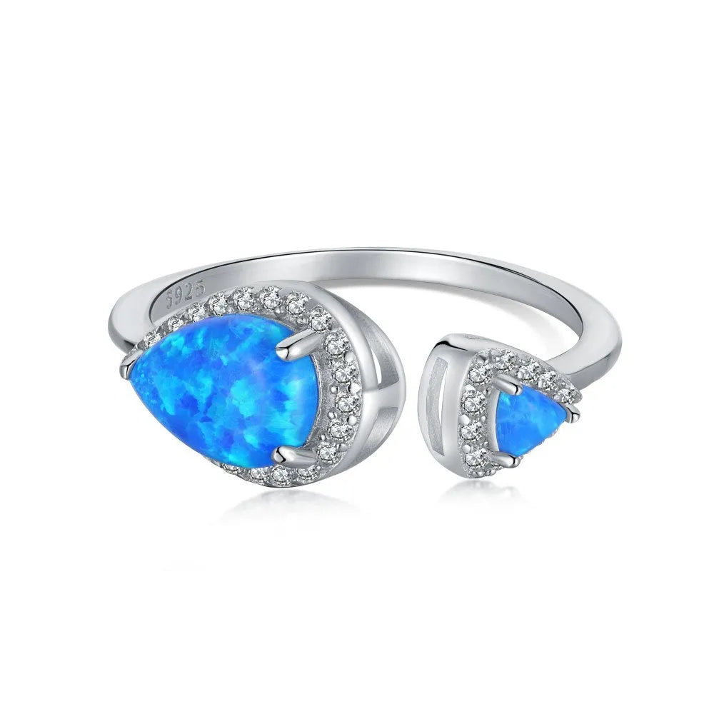 S925 sterling silver adjustable open mouth ring with blue drop-shaped fat triangle opal design geometric style