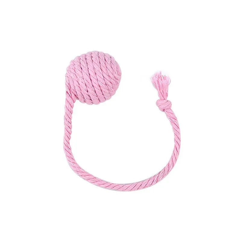 Colourful cat toy ball with an attached rope, shown in green, pink, purple, and yellow.