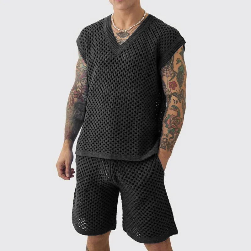 Men's blue V-neck sleeveless vest with matching shorts sports outfit