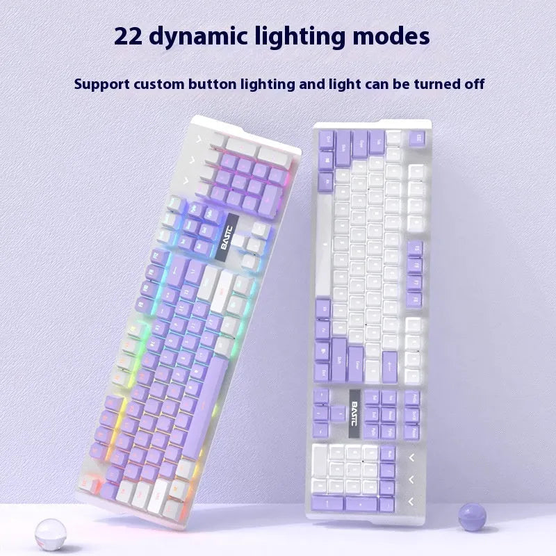 White and purple wired mechanical keyboard and mouse combo set with backlight illumination