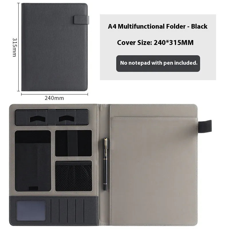 Black leather A4 business folder with optional pen and notepad, shown closed.