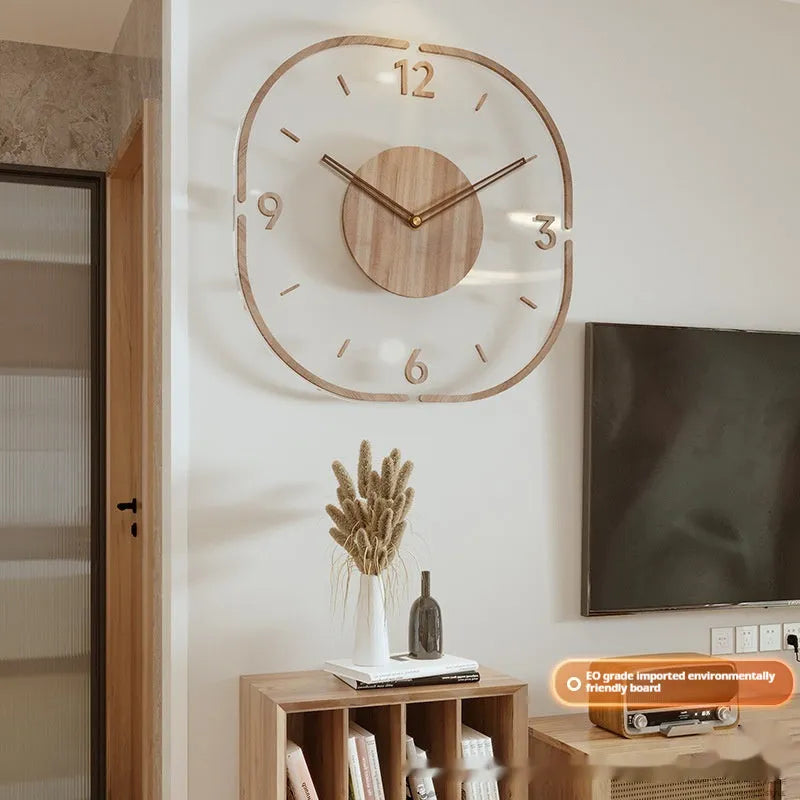35cm square transparent wooden frame wall clock with modern design showing framed and frameless options