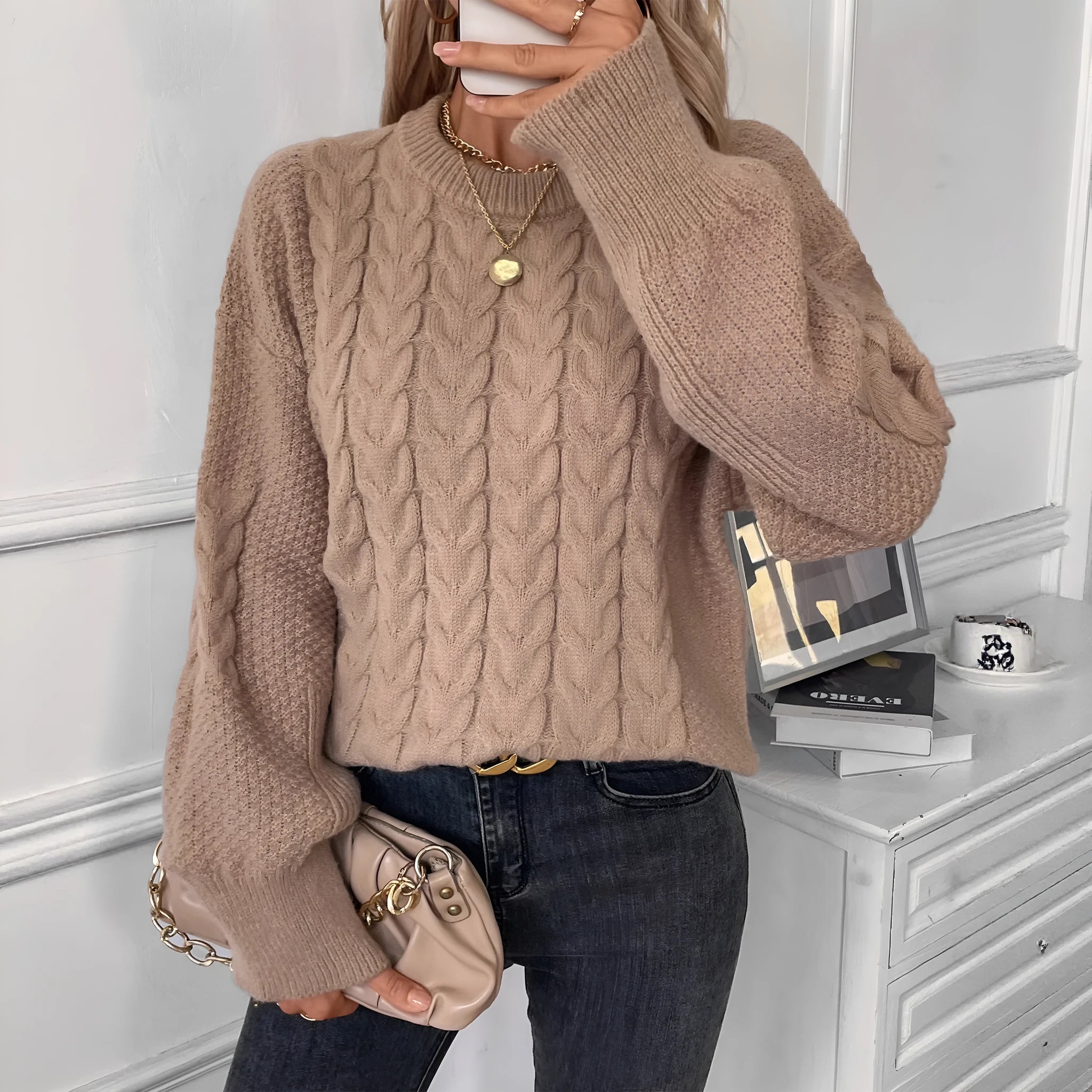 Women's round neck sweater with twist texture in khaki colour, showing loose casual fit
