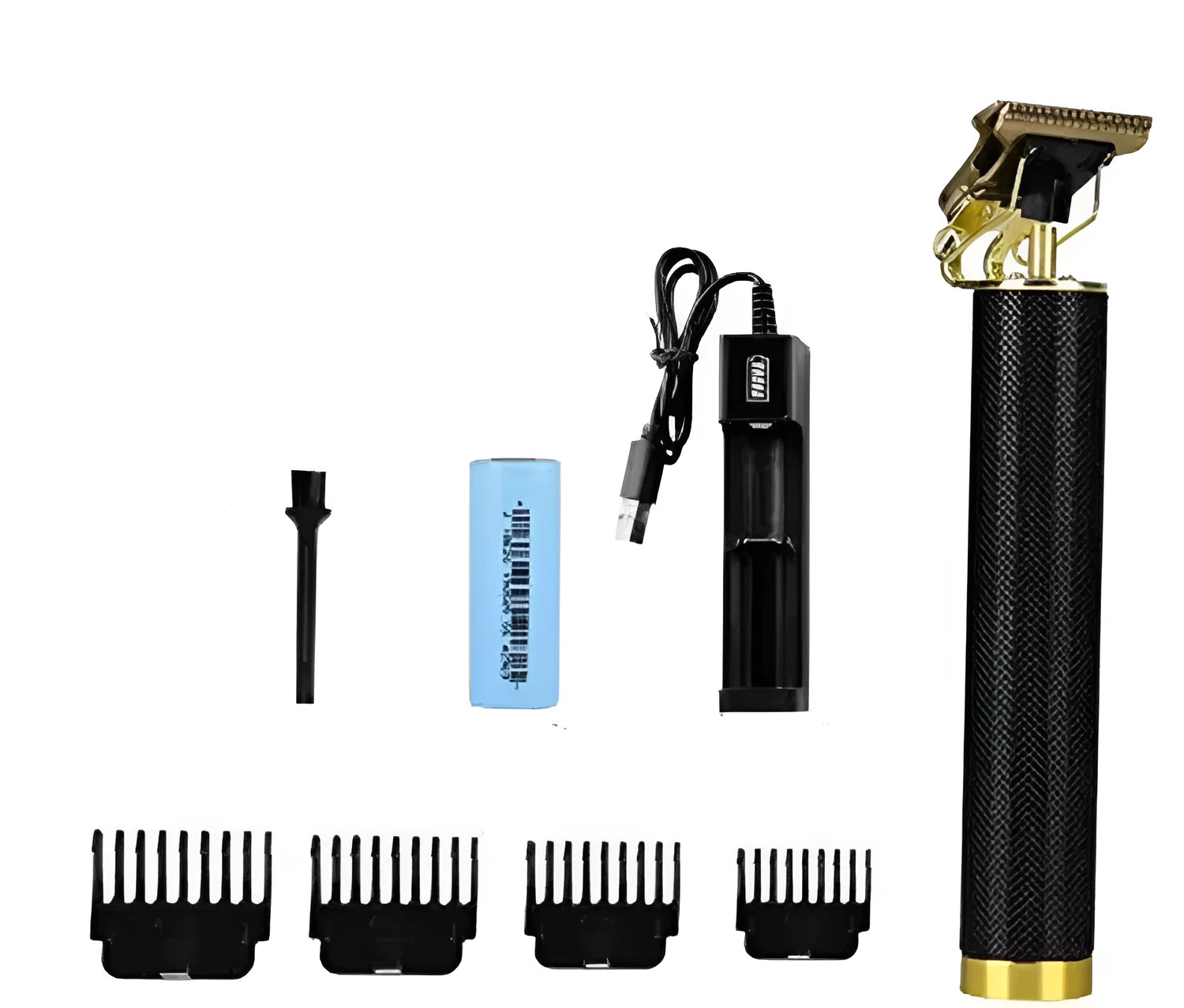 Black rechargeable electric hair clipper with USB charger, four combs, and cleaning brush.