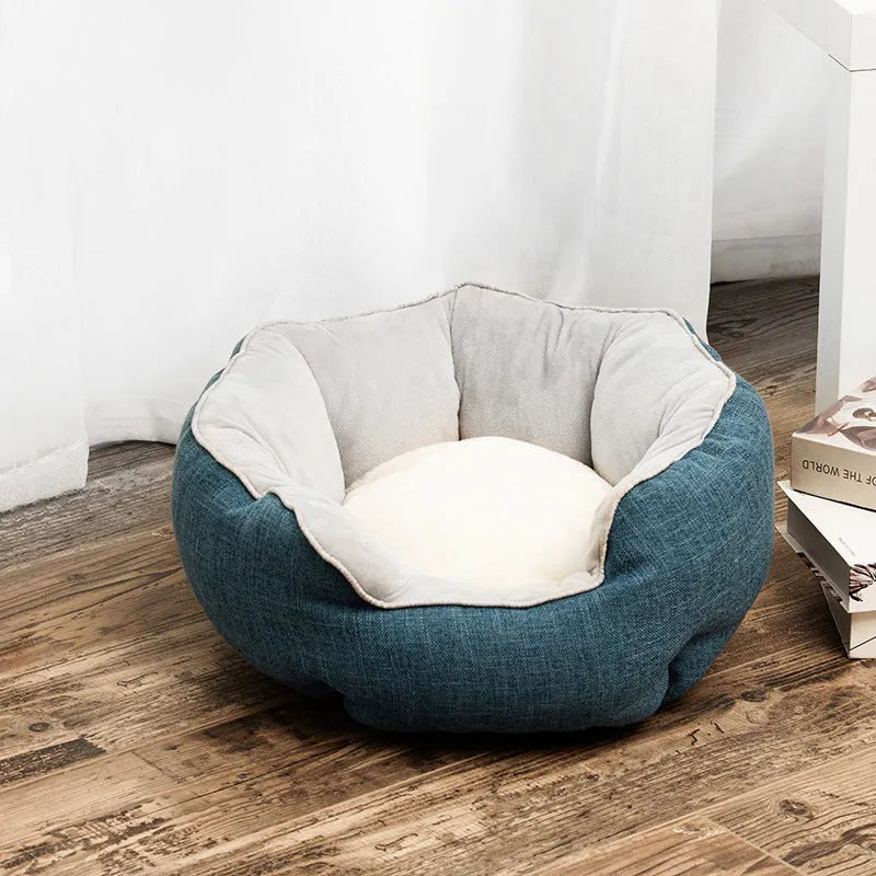 Octagonal pet bed with removable mats in blue colour with soft wool point design