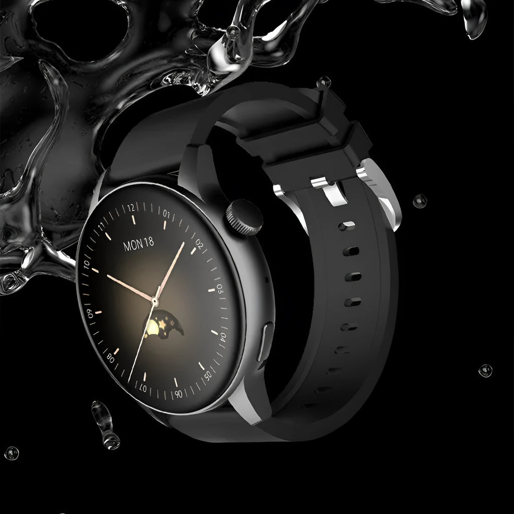Silver stainless steel smart watch with a colour touch screen on a wrist
