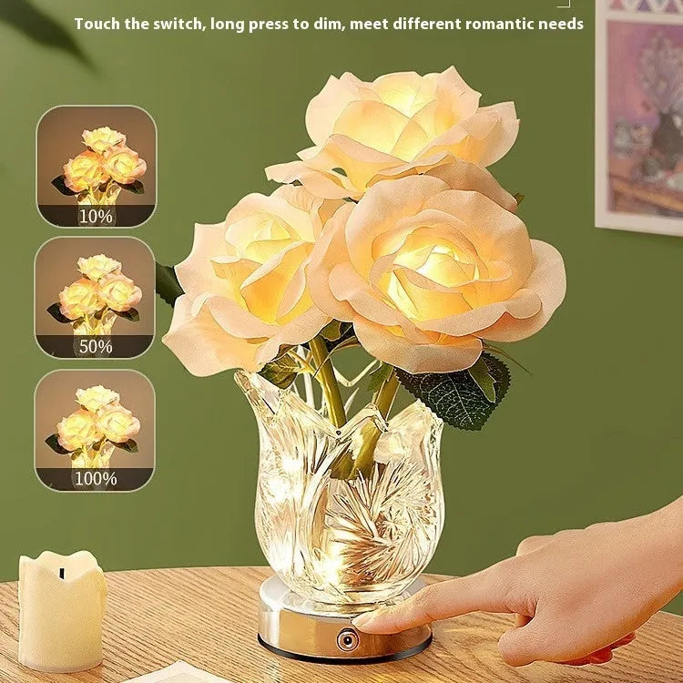 Modern crystal flowers table lamp with touch dimming control on wooden bedside table