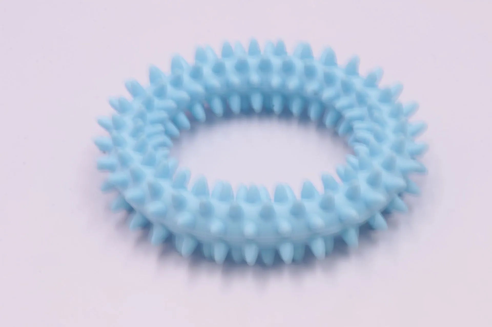 Blue TPR spiky circle ring dog chew toy for dental cleaning on a white background.