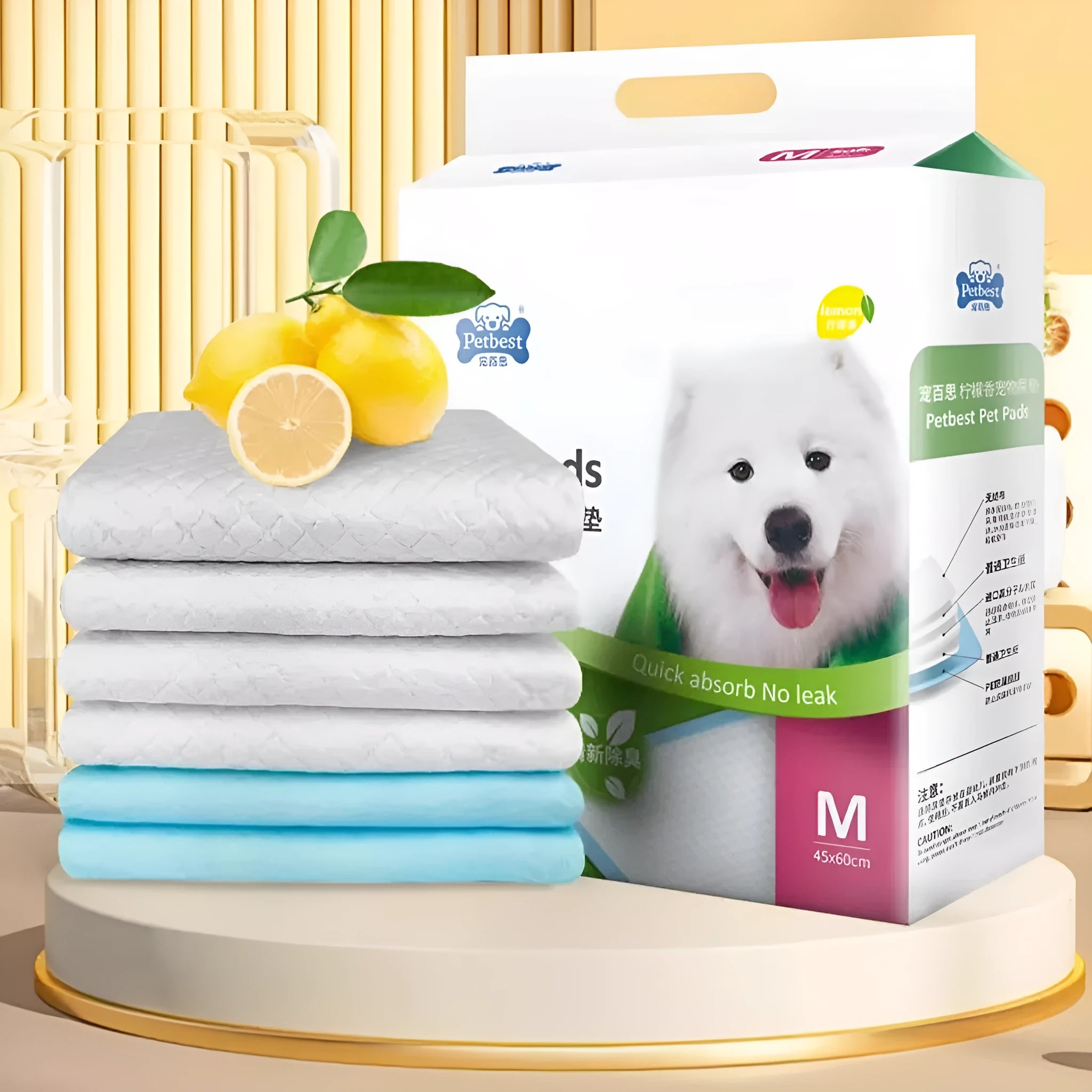 Pack of thickened adhesive dog urine pads showing bamboo charcoal deodorising variant in L size 60x60cm