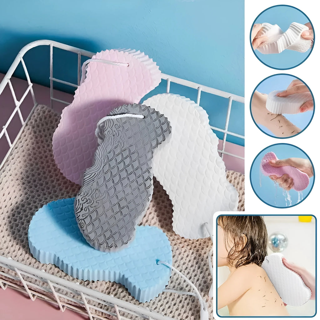 3D fish scale pattern bath sponge exfoliator in multiple colour options including white, grey, pink and light blue