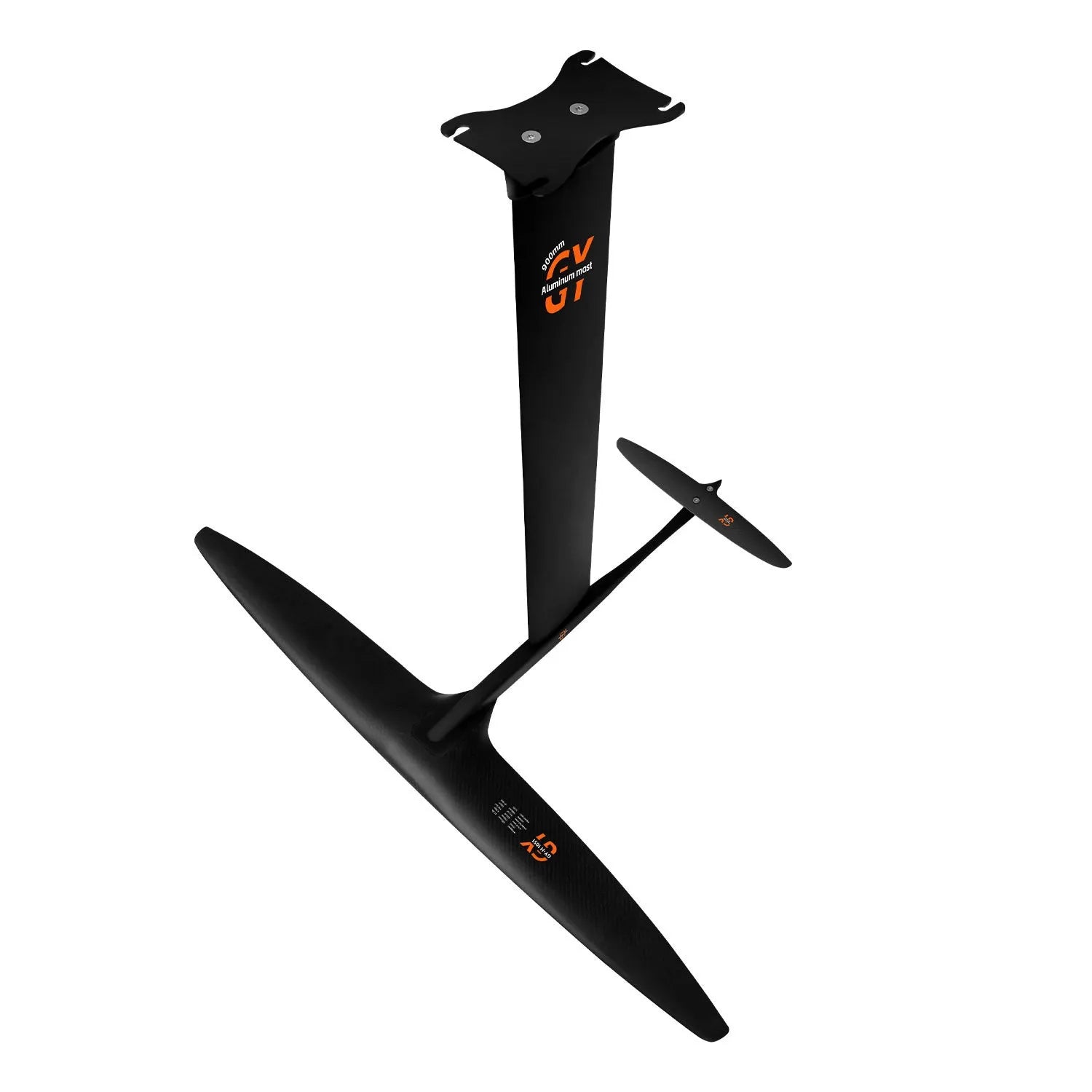 Black carbon fibre racing hydrofoil with 1051mm aluminium front wing for unpowered surfing