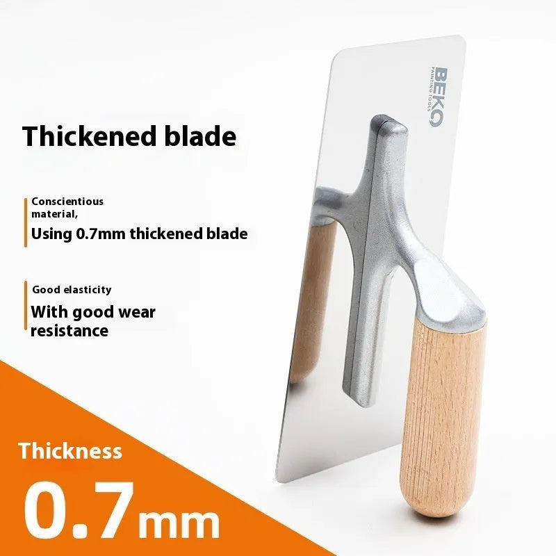 Stainless steel putty scraper with wooden handle showing three blade size options