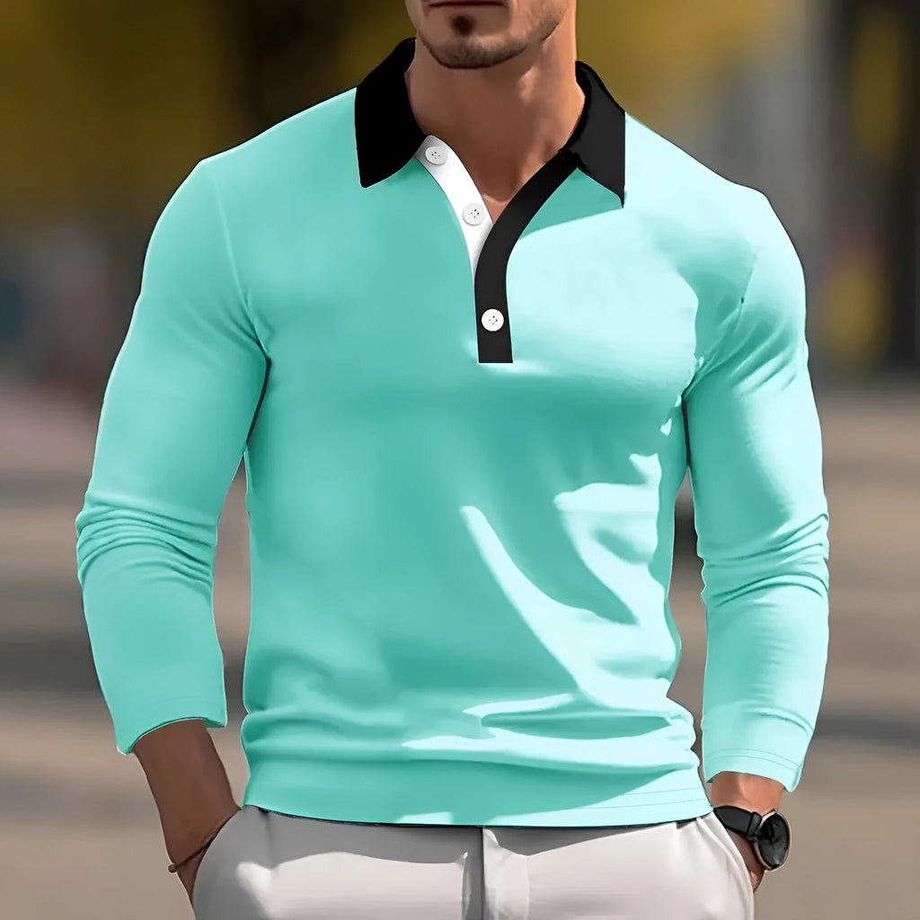 Men's loose fit long sleeve polo shirt with design buttons on placket