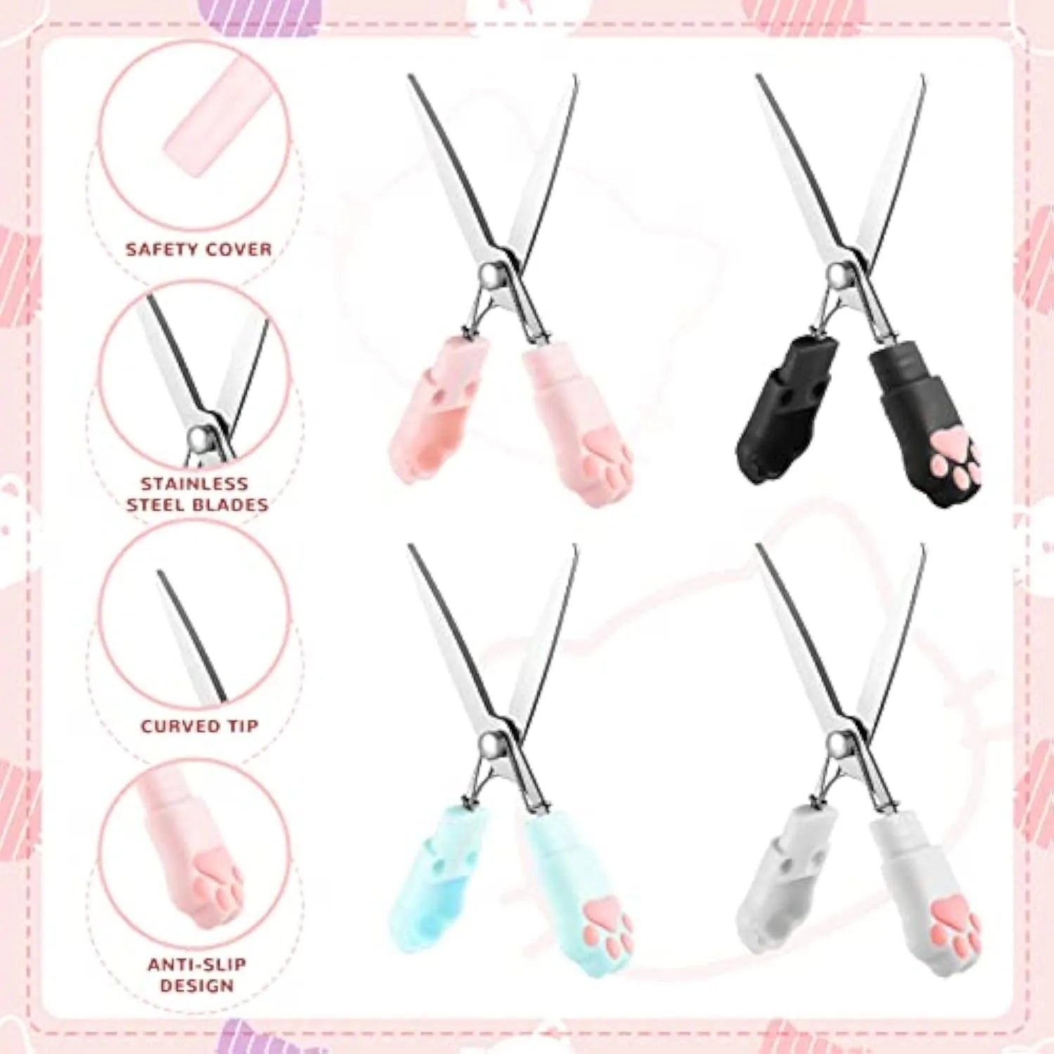 Set of four mini folding scissors with cat paw design in black, blue, pink, and white colours on a plain surface.