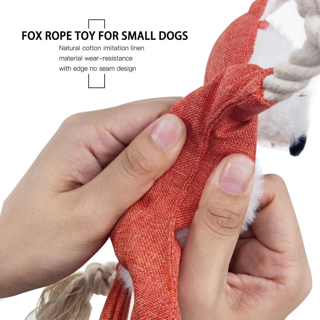 Brown fox-shaped dog toy with squeaker in head, crinkle paper body, and rope arms for chewing