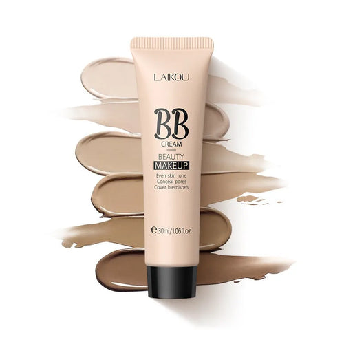 30ml tube of BB cream shown with swatches of its nine shades from light to dark.