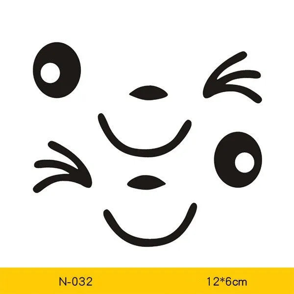 Pair of reflective cartoon car stickers with cute eyes on a car rearview mirror.