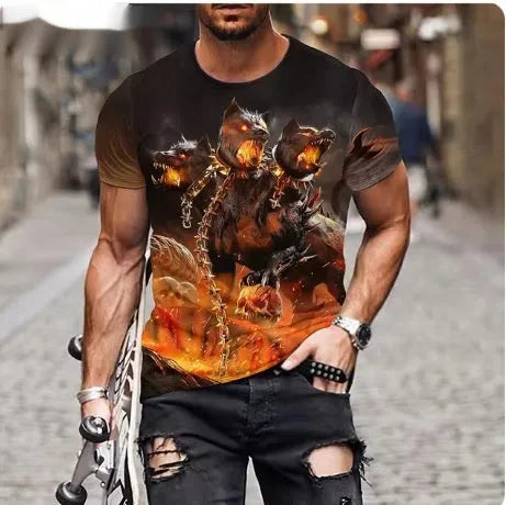 Men's black T-shirt with a large detailed fierce lion graphic print on the front