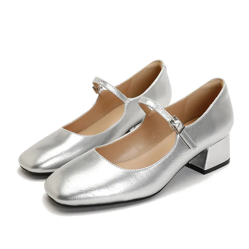 Women's square toe patent leather Mary Jane shoes with pearl detail and mid heel in apricot colour