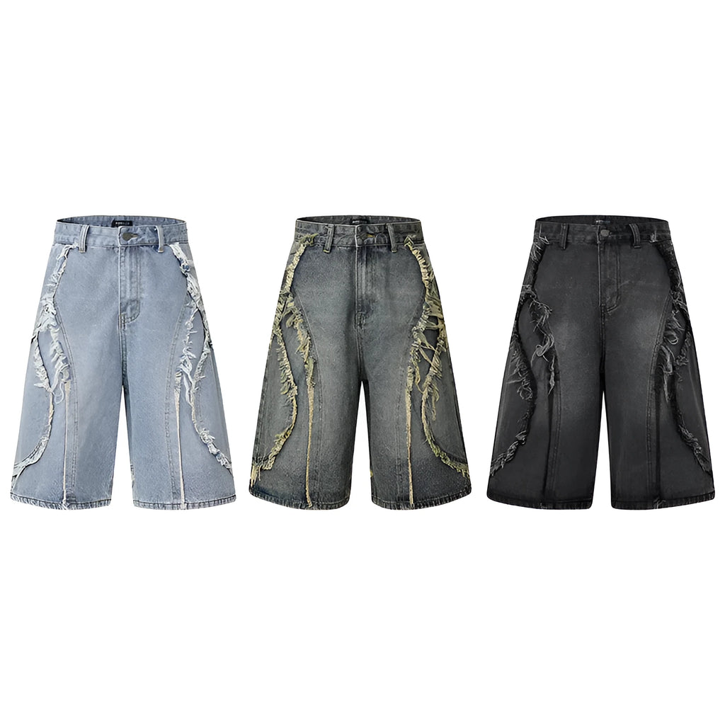 Distressed raw edge denim shorts in light blue on a mannequin, showing straight cut and cropped length.
