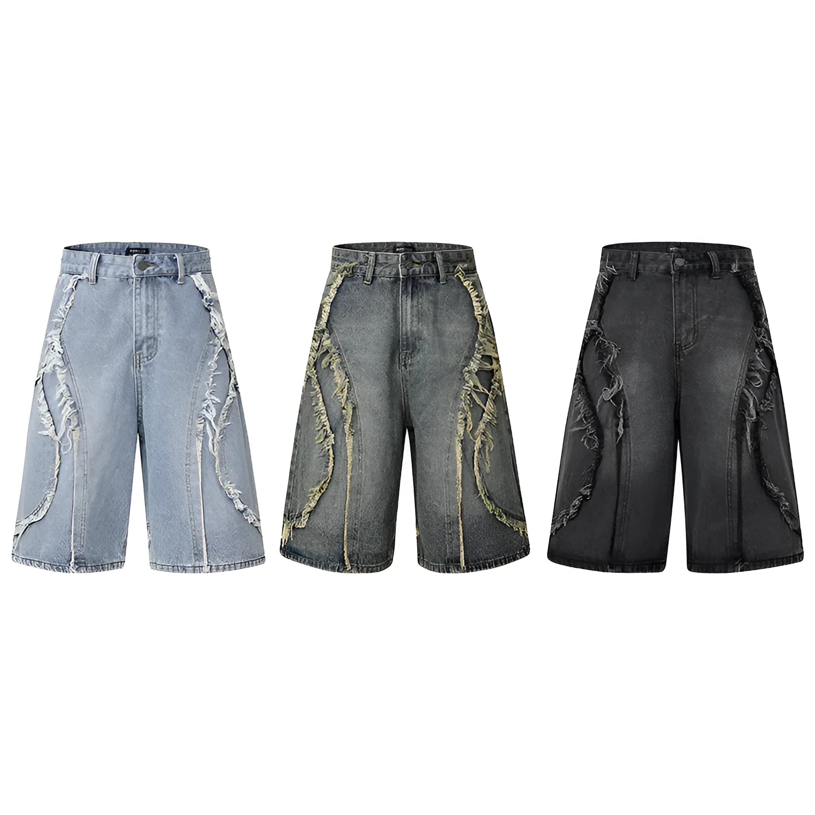Distressed raw edge denim shorts in light blue on a mannequin, showing straight cut and cropped length.
