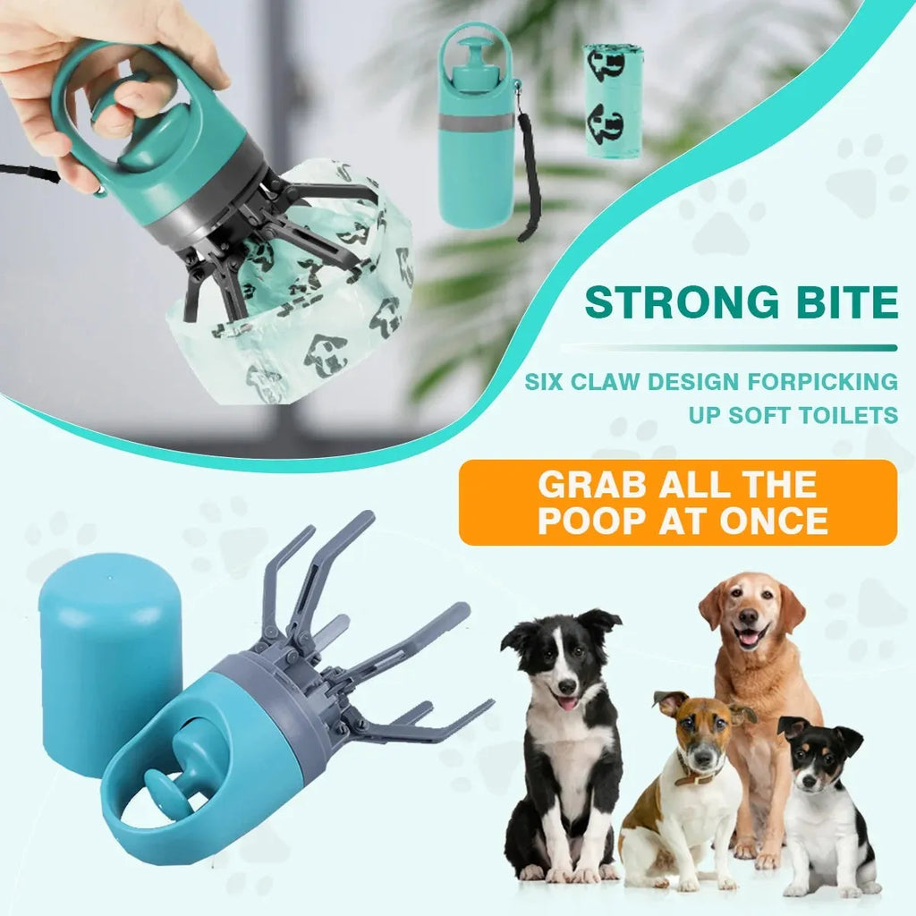 Blue and orange pet pooper scooper with retractable claw and built-in bag dispenser for outdoor dog waste collection