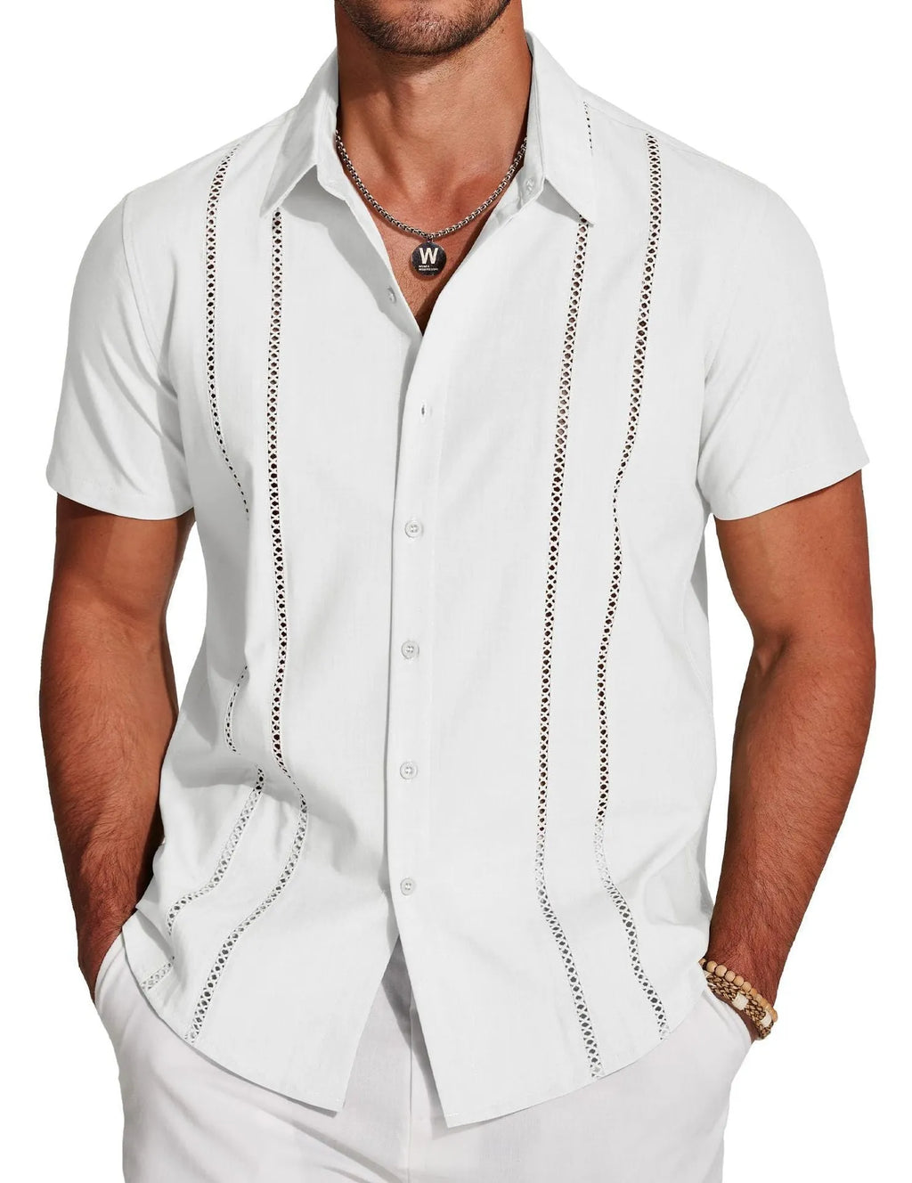 Men's slim fit short sleeve Hawaiian shirt with digital print pattern on stretch polyester fabric.