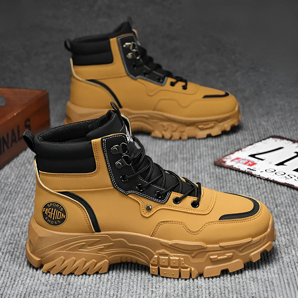 Men's black and yellow Martin boots with artificial PU upper and middle calf length