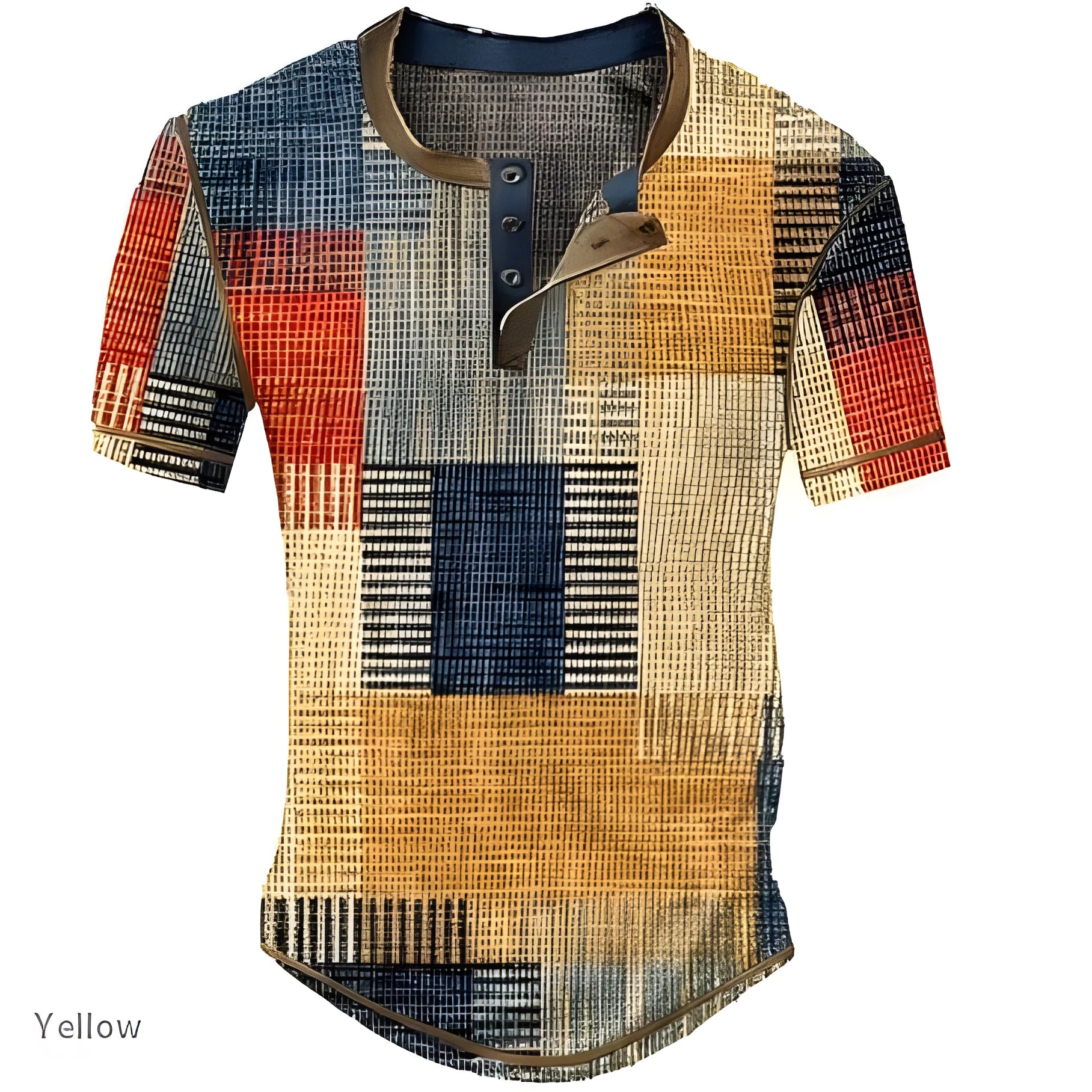 Men's graphic plaid colour block waffle henley short sleeve shirt, front view, regular fit, available in multiple colours