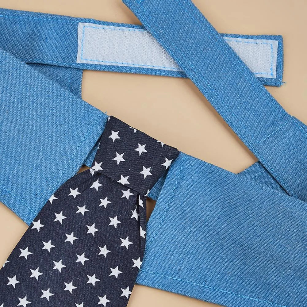 Denim pet collar with star-pattern necktie on adjustable fastener tape closure