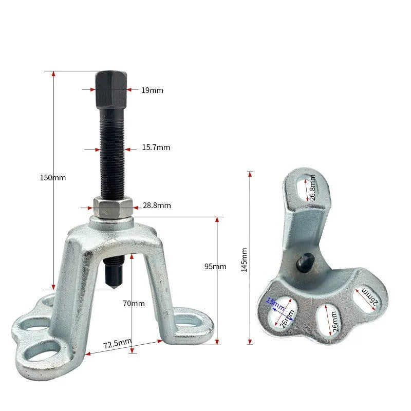 Chrome vanadium steel brake drum and wheel hub puller tool shown with three style options A, B, and C.