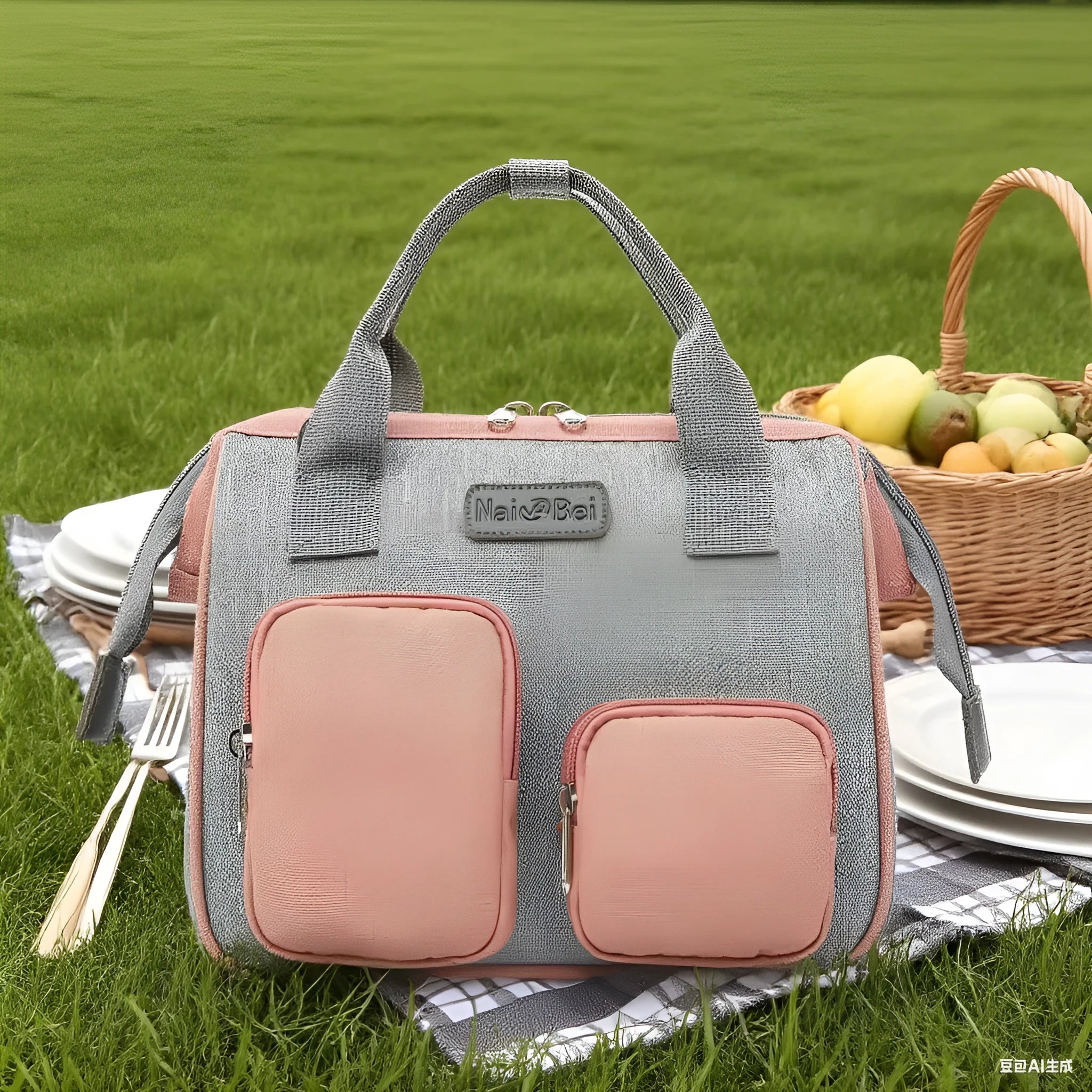 Women's large waterproof handbag with Oxford cloth construction and organisational compartments in grey colour