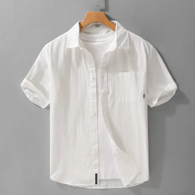 Men's short sleeve cotton shirt in loose cardigan style available in five colours with Asian sizing