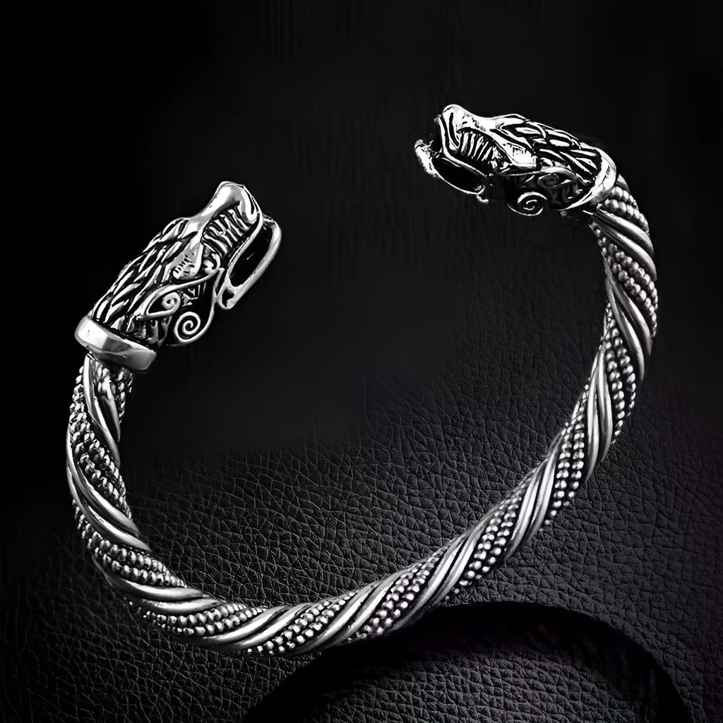 Retro Nordic zodiac cow open cuff bracelet for men in zinc alloy, shown in black, silver, and gold.