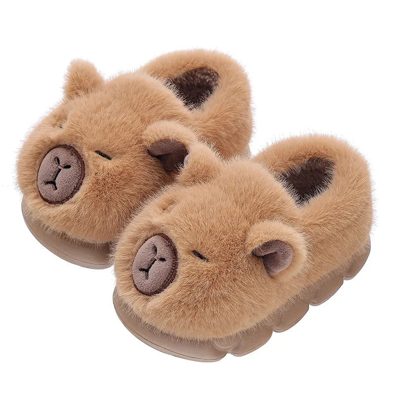 Kappabala children's winter cotton heel house slippers in light coffee colour with cartoon pattern and EVA sole