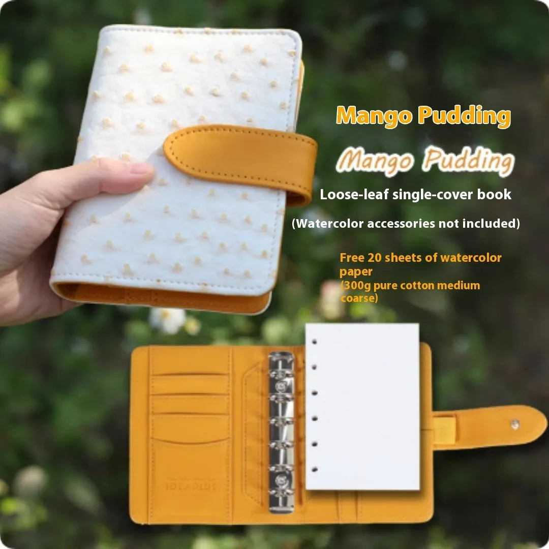 A7 mini loose-leaf watercolour book in avocado green, hazelnut brown, mango pudding, mocha coffee, and rainforest green colour options.