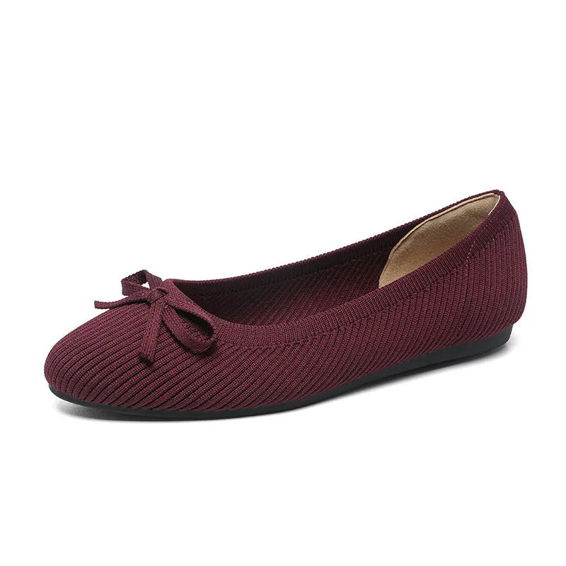 Women's round toe flat pumps with bow detail and butterfly print fabric uppers