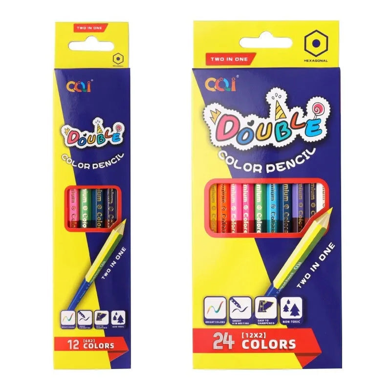 Wooden colouring pencils with double-headed colour lead in student art set packaging