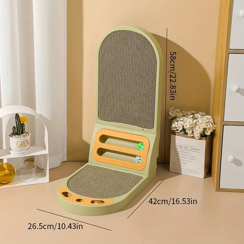 Grey L-shaped vertical cat scratching board made of thick corrugated cardboard on a floor.