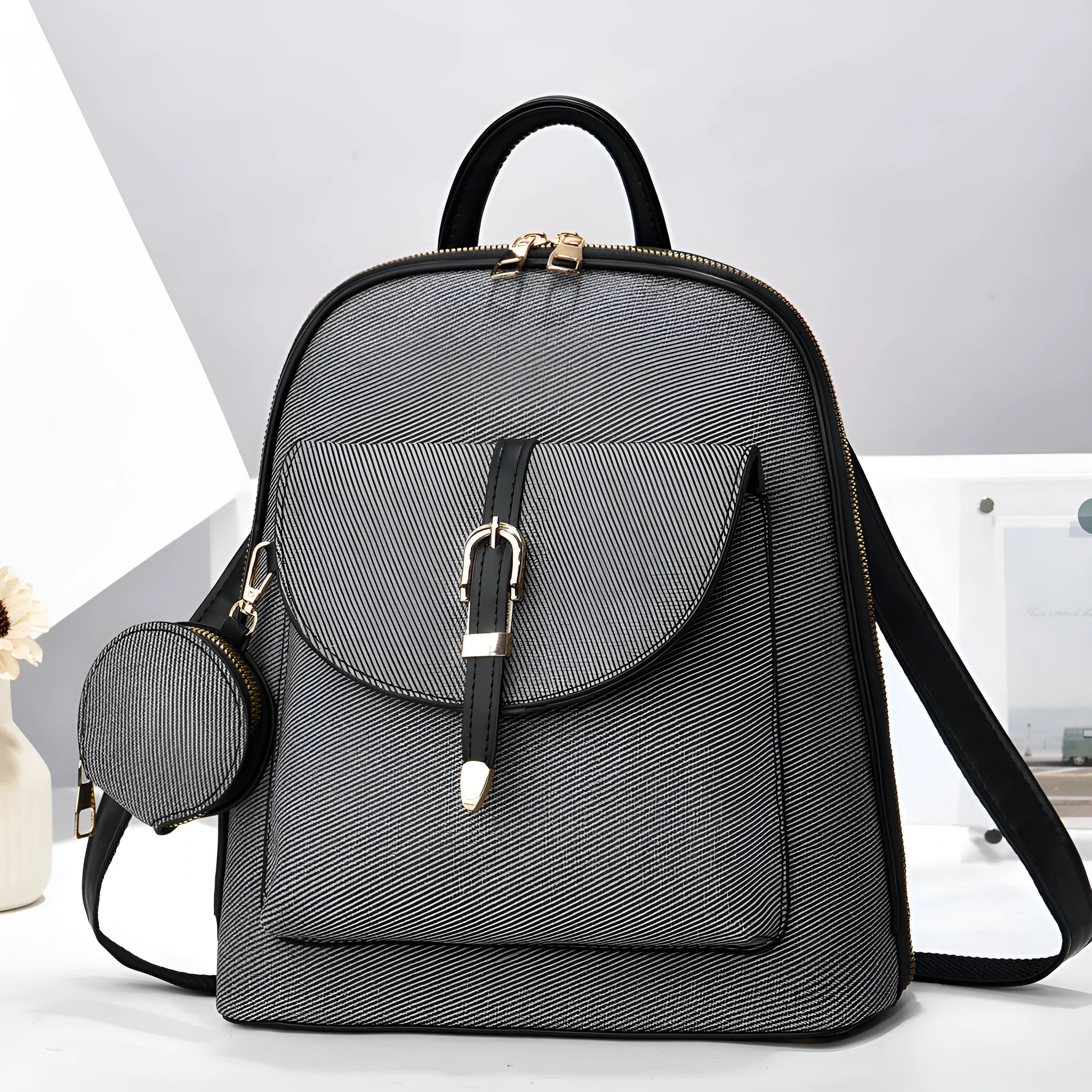 Multi-functional one-shoulder ladies travel backpack crossbody bag in PU shell shape with sandwich pocket, apricot colour, 31x28x11cm
