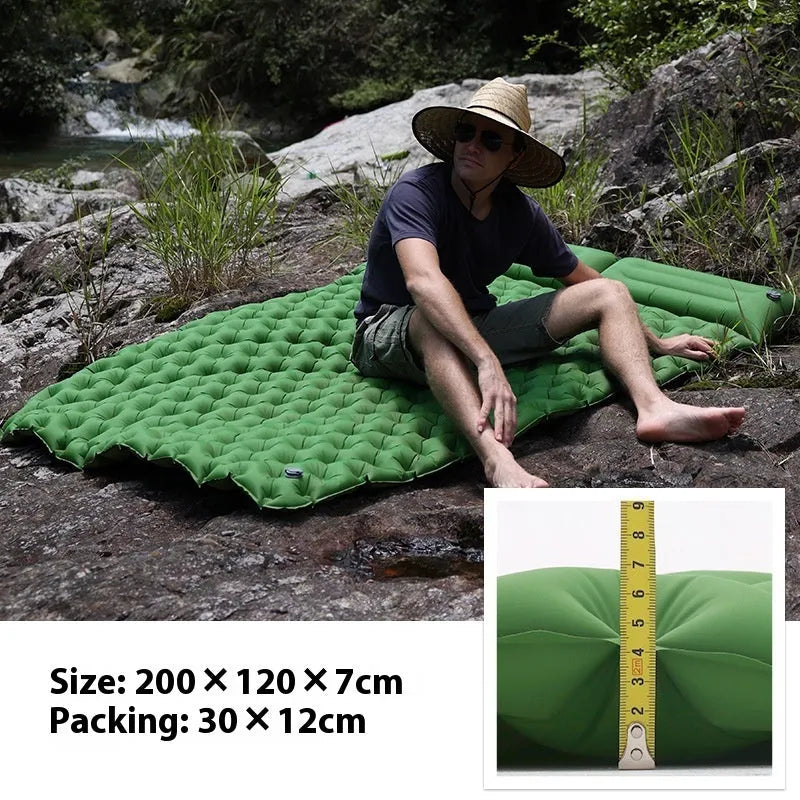 Double widened camping air mattress in army green colour with optional pillow attachment