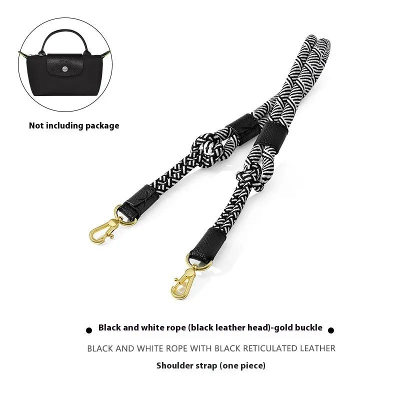 Braided nylon rope shoulder strap with cowhide leather accents and an alloy buckle.